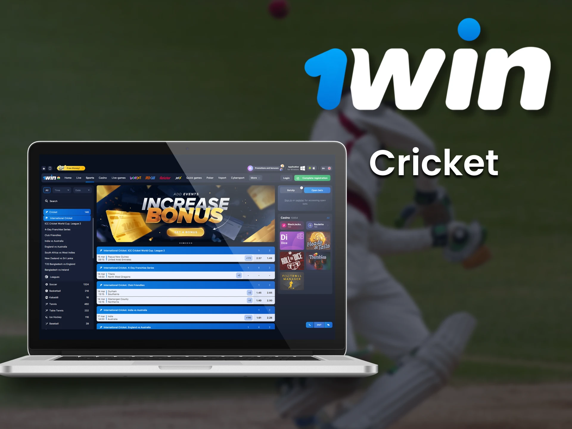 Place your cricket bets on popular tournaments with 1Win.