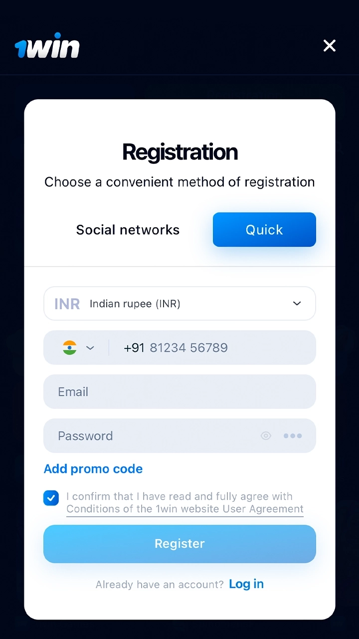 Register online or log in to your personal 1Win account.