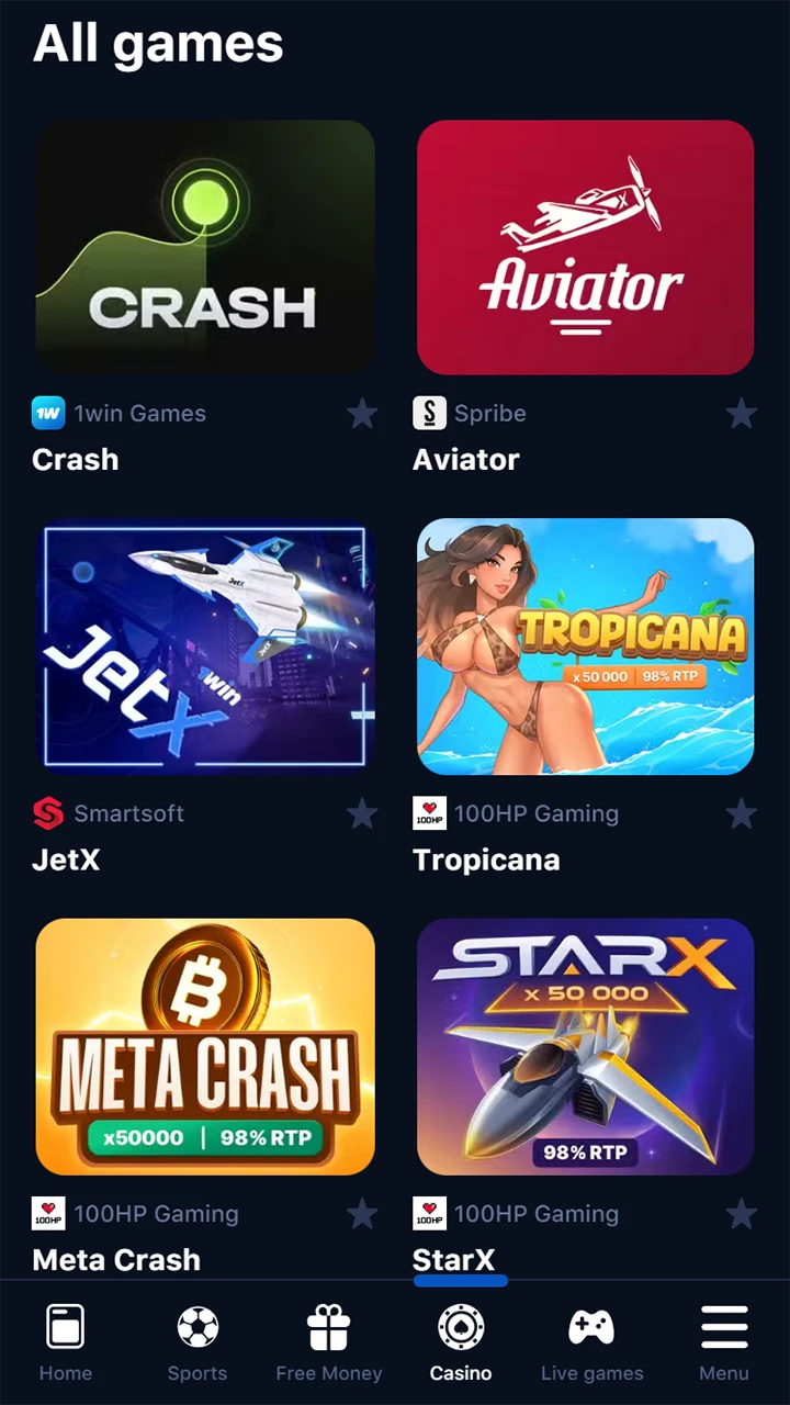 Find your favorite game on the 1Win website.