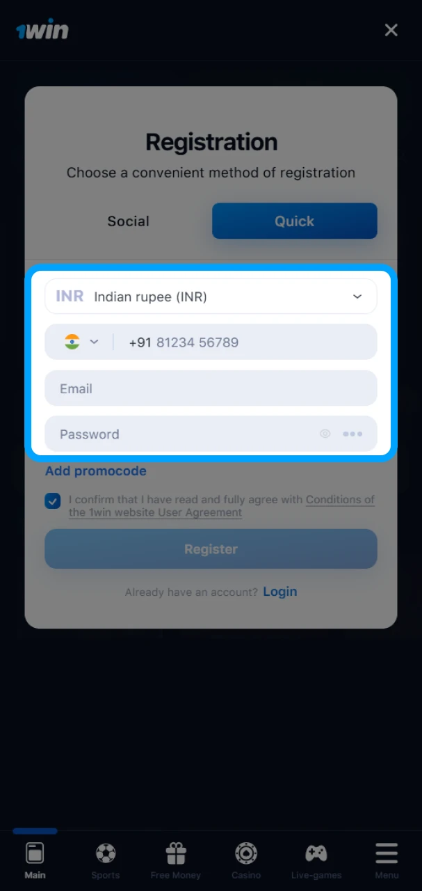 Add your information to create an account on the 1Win platform.